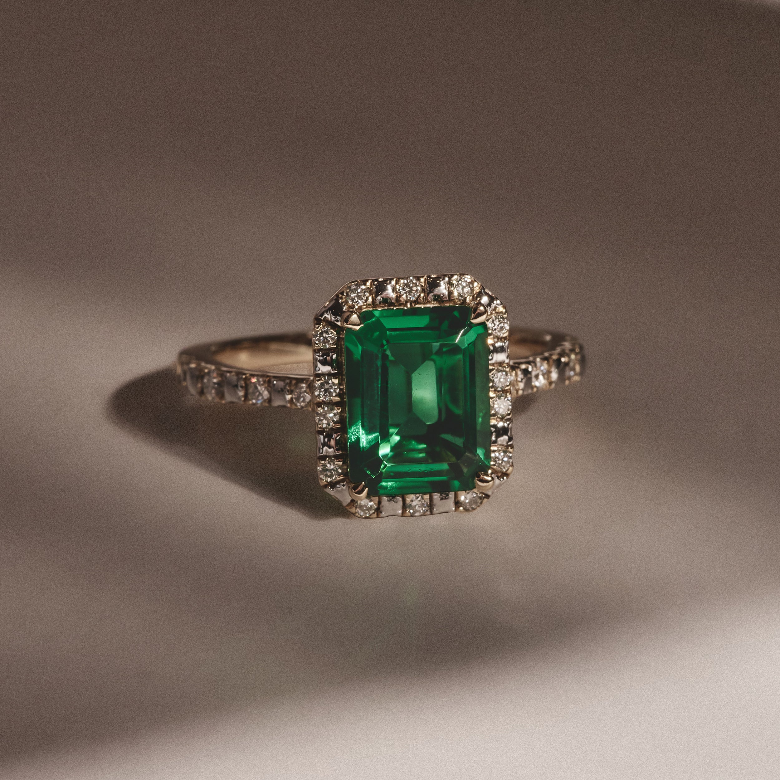 Astra 1.50ct Lab Emerald and Diamond Halo Shoulder Set Octagon Cut Ring in 18K Gold Vermeil